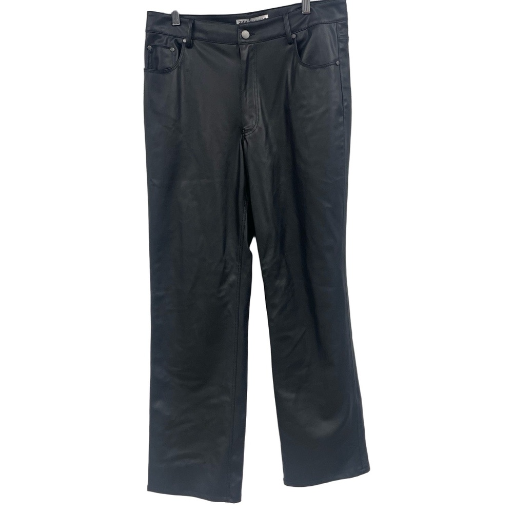 NWT Zara Black High Waisted Wide Leg Faux Vegan Leather Pants 90s Style‎ Size 12